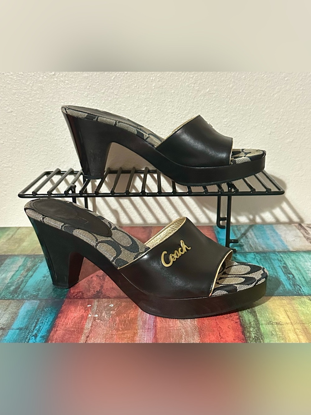 Coach Black Leather Slide Mules with Gold Logo